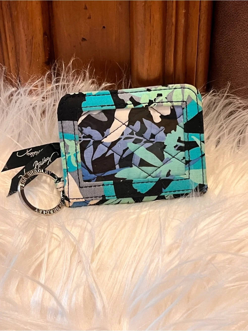 Vera Bradley Quilted Card Holder Wallet in Aqua, Black & White Floral Print